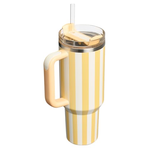 40oz Tumbler mit Griff und Stroh, Kid Tumbler mit Deckel und Stroh, 304 Edelstahl Kind Tumbler, Schule Sport im Freien (Gelber Streifen) von Bestaa