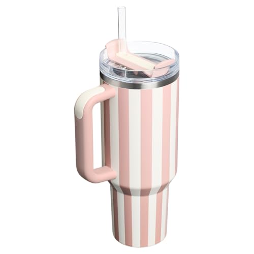 40oz Tumbler mit Griff und Stroh, Kid Tumbler mit Deckel und Stroh, 304 Edelstahl Kind Tumbler, Schule Sport im Freien (Rosa Streifen) von Bestaa