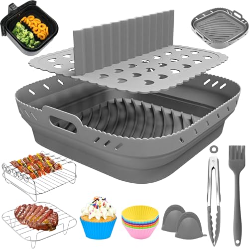 Bestash Heißluftfritteuse Zubehör,14PCS Hot Air Fryer Accessories, Airfryer Silikonform Accessories für for Cosori, Philips, Cecotec 4.7-6.4L Square Airfryer (Grau) von Bestash