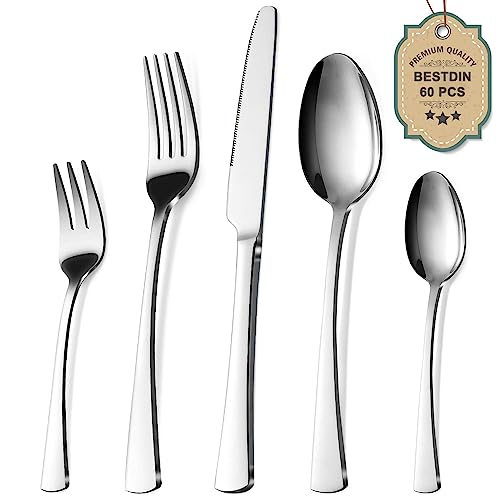 Bestdin Besteck Set 12 Personen, 60 teilig Edelstahl Besteckset, Essbesteck Set mit Messer Gabel Löffel, Hochwertiges Edelstahlbesteck, Spülmaschinenfest. von Bestdin