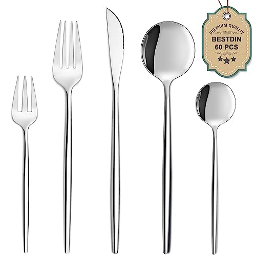 Bestdin Besteck Set 12 Personen, 60 teilig Edelstahl Besteckset, Essbesteck Set mit Messer Gabel Löffel, Hochwertiges Edelstahlbesteck, Spülmaschinenfest. von Bestdin
