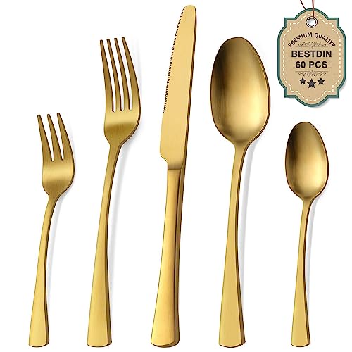 Bestdin Besteck Set 12 Personen, 60 teilig Edelstahl Besteckset Matt Gold Essbesteck Set mit Messer Gabel Löffel, Hochwertiges Edelstahlbesteck, Spülmaschinenfest. von Bestdin