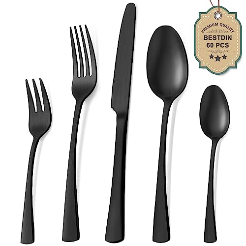 Bestdin Besteck Set 12 Personen, 60 teilig Edelstahl Besteckset Schwarz Matt, Essbesteck Set mit Messer Gabel Löffel, Hochwertiges Edelstahlbesteck, Spülmaschinenfest. von Bestdin