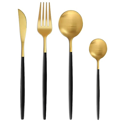 Bestdin Besteck Set 6 Personen, 24 teilig Besteck Schwarz Gold Matt, Essbesteck Set mit Messer Gabel Löffel, Hochwertiges Edelstahl Besteckset, Spülmaschinenfest von Bestdin