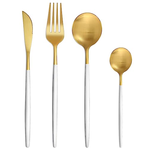 Bestdin Besteck Set 6 Personen, 24 teilig Besteck Weiß Gold Matt, Essbesteck Set mit Messer Gabel Löffel, Hochwertiges Edelstahl Besteckset, Spülmaschinenfest von Bestdin