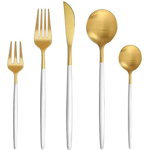 Bestdin Besteck Set 6 Personen, 30 teilig Besteck Weiß Gold Matt, Essbesteck Set mit Messer Gabel Löffel, Hochwertiges Edelstahl Besteckset, Spülmaschinenfest von Bestdin