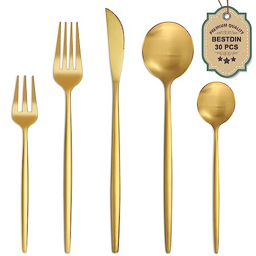 Bestdin Besteck Set 6 Personen, 30 teilig Edelstahl Besteckset Gold Matt, Essbesteck Set mit Messer Gabel Löffel, Hochwertiges Edelstahlbesteck, Spülmaschinenfest. von Bestdin