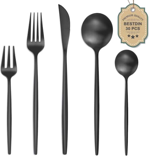 Bestdin Besteck Set 6 Personen, 30 teilig Edelstahl Besteckset Schwarz Matt, Essbesteck Set mit Messer Gabel Löffel, Hochwertiges Edelstahlbesteck, Spülmaschinenfest. von Bestdin