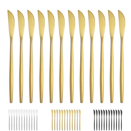 Bestdin Tafelmesser, Tafelmesser Set 12 Stück (21cm,8.3 zoll), Mattgold Besteck Messer aus Edelstahl, Frühstücksmesser/Buttermesser/Dessertmesser für Heimgebrauch Haus Küche, Spülmaschinenfest von Bestdin