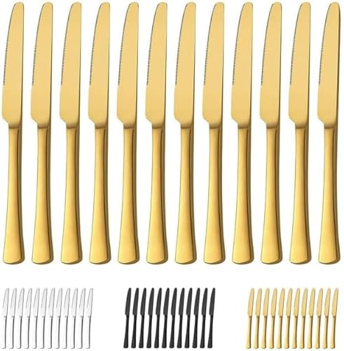 Bestdin Tafelmesser Set 12 Stück, 23.8cm(9.37 inch) Messerset, Buttermesser aus Edelstahl, Besteck Messer Essmesser mit Wellenschliff für Küchen/Restaurants, Spülmaschinenfest, Mattgold von Bestdin