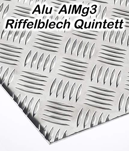 Alublech Riffelblech Quintett 2-4 mm 3,5-5 mm dick Aluminiumblech ALMg3 Zuschnitt inkl Folie, Größe nach Maß Alu Neu (1000 mm x 300 mm, 2-4 mm) von Bestell_dein_lochblech