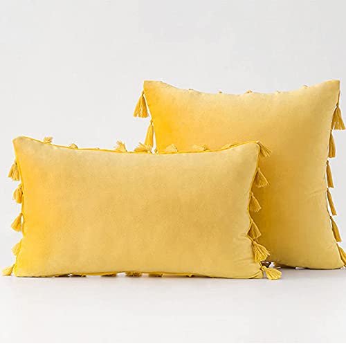 Bestenrose 2er Set Samt Kissenbezug mit Quaste Kissenhülle Dekorative Dekokissen Kissen Couchkissen Sofakissen für Wohnzimmer Schlafzimmer (30x50cm, Gelb) von Bestenrose