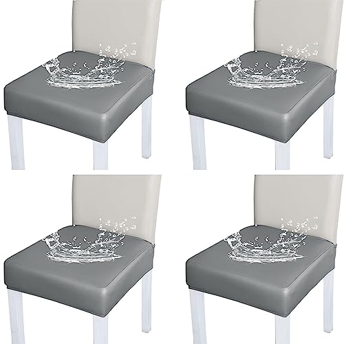 Bestenrose Stuhlhussen 4er/6er Set Stretch Stuhlbezug Sitzfläche PU Leder Wasserdichter Bezug Sitzbezüge Beschützer Stuhlhussen für Esszimmerstuhl Sitzkissen Keine Rückenlehne (Grau, 4er Set) von Bestenrose