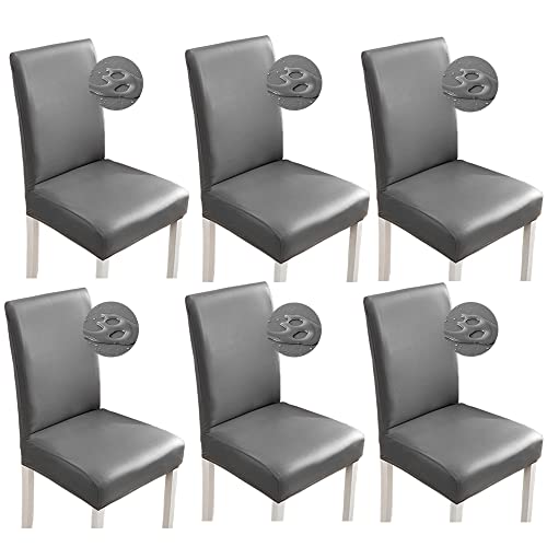 Bestenrose Stuhlhussen 6er/4er PU Leder Stuhlbezug wasserdichte Stretch Esszimmer Stuhlüberzug Stretch Stuhl Husse Universell Stuhlhussen Haus Büro Restaurant (6-Stück, Grau) von Bestenrose