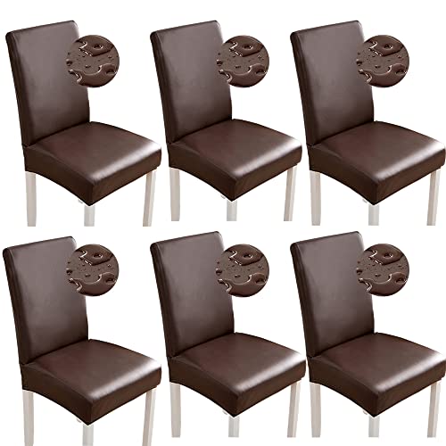 Bestenrose Stuhlhussen 6er/4er PU Leder Stuhlbezug wasserdichte Stretch Esszimmer Stuhlüberzug Stretch Stuhl Husse Universell Stuhlhussen Haus Büro Restaurant (6-Stück, Kaffee) von Bestenrose