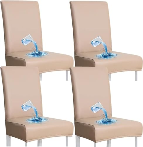 Bestenrose Stuhlhussen 6er/4er PU Leder Stuhlbezug wasserdichte Stretch Esszimmer Stuhlüberzug Stretch Stuhl Husse Universell Stuhlhussen Haus Büro Restaurant (Khakifarbe, 4-Stück) von Bestenrose