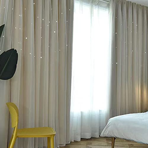 Bestenrose Vorhang Doppelschicht Blackout Vorhänge 1 Stücke Kinderzimmer Verdunkelungsvorhang Hohle Sterne Verdunkelung Vorhänge mit Voile (Beige, B150 x H250 cm) von Bestenrose