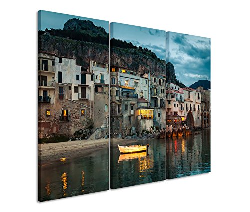 Bestforhome GmbH Modernes Bild 3 teilig je 40x90cm Landschaftsfotografie – Harmonischer Hafen in Cefalu Sizilien von Bestforhome GmbH