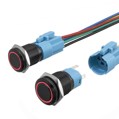 Bestgle 16mm Momentan LED Druckschalter, IP65 wasserdicht taster, 1NO 1NC, 5-poliger SPDT EIN/AUS Schalter mit verkabeltem Steckdosenstecker für 5/8-Zoll-Montageloch(roter LED-Ring) von Bestgle