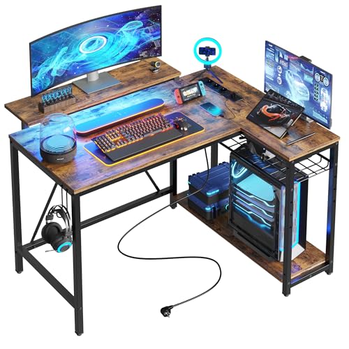 Bestier Eckschreibtisch mit USB-Ladeanschluss und Steckdose, 106 cm Gaming Tisch L Form, Kleiner Schreibtisch mit Regal & Monitorständer, Links und rechts tauschen, für Büro, Schlafraum, Braun von Bestier