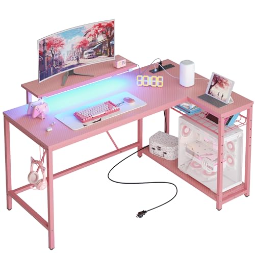 Bestier 132 cm L-Form Gaming-Schreibtisch mit LED-Beleuchtung & Steckdosen – Umkehrbarer Eckschreibtisch mit USB-Ports, Regalen & Kopfhörerhaken für Homeoffice & Gamer von Bestier
