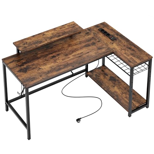 Bestier Eckschreibtisch mit USB-Ladeanschluss und Steckdose, 132 cm Gaming Tisch L Form, großer Schreibtisch mit Regal & Monitorständer, Links und rechts tauschen, für Büro, Schlafraum, Braun von Bestier