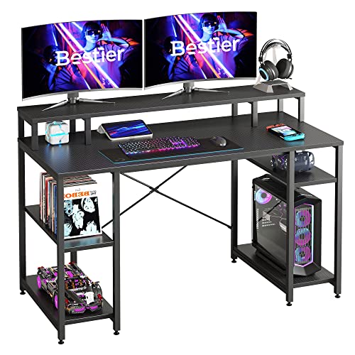 Bestier Gaming-Schreibtisch mit Monitorablage, 140 cm großer Home-Office-Schreibtisch mit offenen Ablagen, Schreib-Gaming-Studientisch-Workstation für kleine Räume, Kohlefaser von Bestier