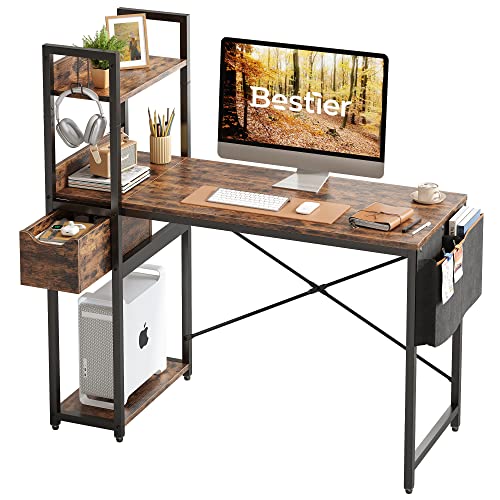 Bestier Schreibtisch mit Regal, 120 x 50 cm Computertisch mit Schublade, Linker und Rechter austauschbarer Schreibtisch mit Seitentasche zur Aufbewahrung und Kopfhörerhaken, Braun von Bestier