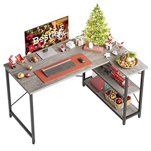 Bestier Computertisch 120CM Reversibel Schreibtisch L Form Eckschreibtisch mit Regal Verstellbare Höhe Kleiner Bürotisch mit Ablagefächern für Heimbüro Raum Stärker X Form Halterung Hellgrau von Bestier