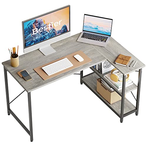 Bestier Computertisch 120CM Reversibel Schreibtisch L Form Eckschreibtisch mit Regal Verstellbare Höhe Kleiner Bürotisch mit Ablagefächern für Heimbüro Raum Stärker X Form Halterung Hellgrau von Bestier