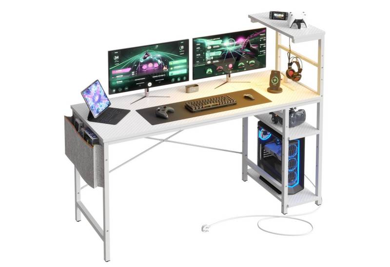 Bestier Computertisch Gamingtisch, Computertisch mit LED & Regal (113/140/155 cm, Verstellbarer Schreibtisch Rechts oder Links, Bürotisch mit LED-Beleuchtung), für Heimbüro, Raum von Bestier