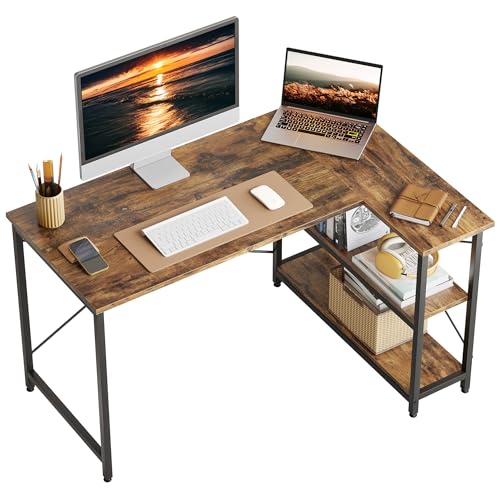 Bestier Computertisch 120CM Reversibel Schreibtisch L Form Eckschreibtisch mit Regal Verstellbare Höhe Kleiner Bürotisch mit Ablagefächern für Heimbüro Raum Stärker X Form Halterung Tiefbraun von Bestier