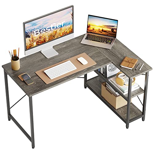 Bestier Computertisch 120CM Reversibel Schreibtisch L Form Eckschreibtisch mit Regal Verstellbare Höhe Kleiner Bürotisch mit Ablagefächern für Heimbüro Raum Stärker X Form Halterung Grau von Bestier