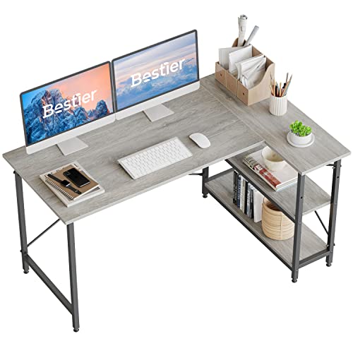 Bestier Computertisch mit Ablagefächern Schreibtisch Kleiner L-förmiger Eckschreibtisch mit Regalen 140CM Umkehrbarer Computertisch Schreibtisch mit Bücherregal für Heimbüro Kleiner Raum,Hellgrau von Bestier