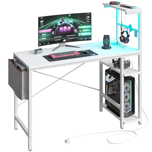 Bestier Computertisch mit Regalen, Kleiner Eckschreibtisch mit LED-Beleuchtung (Weiß, 113 x 50 cm) von Bestier