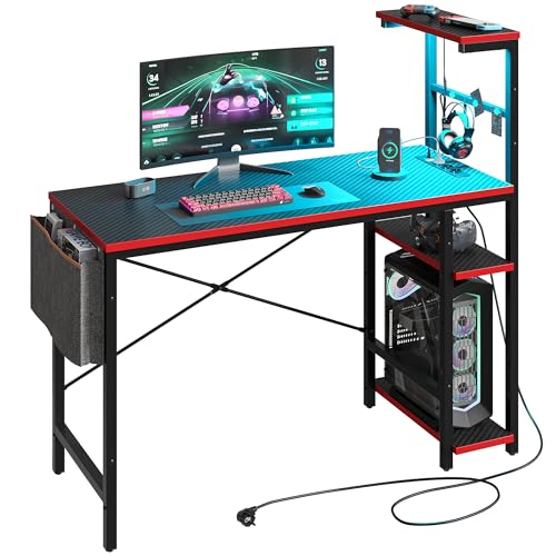 Bestier 113CM Eck-Computertisch mit Steckdosen Computertisch mit LED-Leuchten Umkehrbarer Schreibtisch mit Seitentasche Aufbewahrungstasche & Zubehöraufhänger für Home Office Small Space Schwarz von Bestier