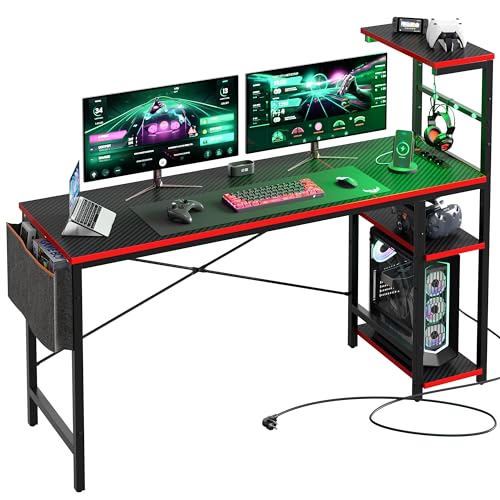 Bestier Gaming-Schreibtisch mit Steckdosen, 61 Zoll große Led Gamer Desk mit 4 Tiers Reversible Regale, PC-Gaming-Tisch mit Headset-Haken, Schwarze 3D-Kohlefaser von Bestier