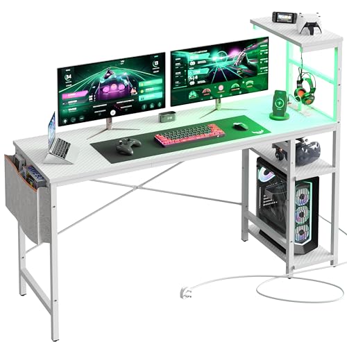 Bestier Gaming-Schreibtisch mit Steckdosen, 61 Zoll große Led Gamer Desk mit 4 Tiers Reversible Regale, PC-Gaming-Tisch mit Headset-Haken, Weiß 3D-Kohlefaser von Bestier