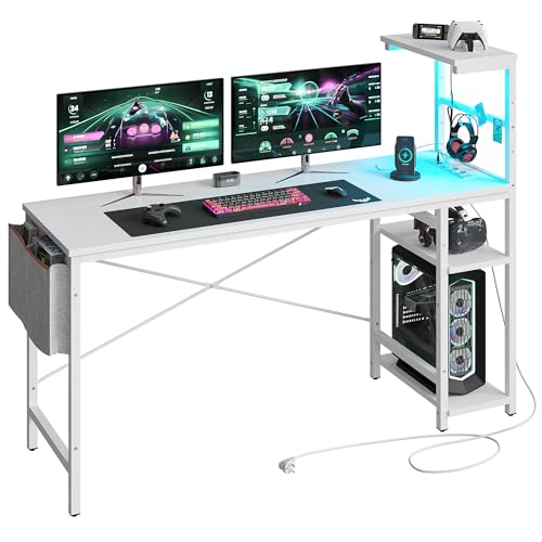 Bestier 155CM Eck-Computertisch mit Steckdosen Computertisch mit LED-Leuchten Umkehrbarer Schreibtisch mit Seitentasche Aufbewahrungstasche & Zubehöraufhänger für Home Office Small Space Weiß von Bestier