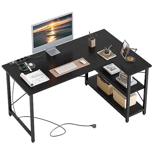 Bestier Schreibtisch L Form Computertisch mit 3 Steckdosen und 2 USB Ladeanschluss 120CM Bürotisch mit Ablagefächern Reversibel Eckschreibtisch mit Regalen für Heimbüro Kleiner Raum Schwarz von Bestier