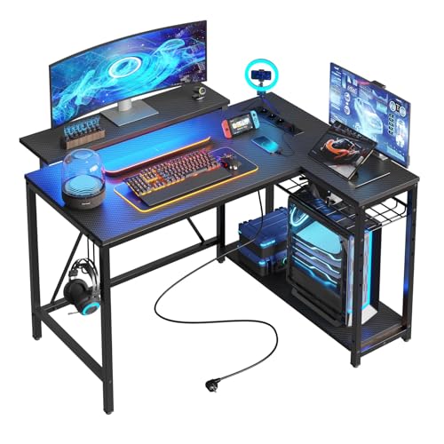 Bestier Eckschreibtisch mit USB-Ladeanschluss und Steckdose, 106 cm Gaming Tisch L Form, Kleiner Schreibtisch mit Regal & Monitorständer, Links und rechts tauschen, für Büro, Schlafraum, Schwarz von Bestier