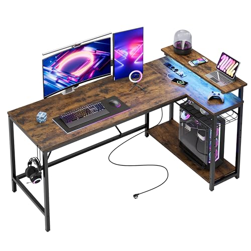 Bestier 147 cm LED Eckschreibtische mit USB-Ladeanschluss und Steckdose, Gaming Schreibtisch L Form, Großer L Tische mit Regal & Monitorständer, Links und rechts tauschen, für Büro, Schlafraum, Braun von Bestier