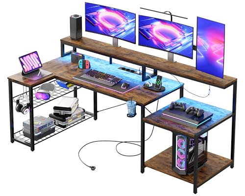Bestier Gaming Tisch, 181x80 cm Schreibtisch mit LED-Leuchten, L-förmiger Schreibtische mit 3 AC-Steckdosen und 2 USB Ladeanschluss, Computertisch mit großzügiger Monitorablage, Braun von Bestier