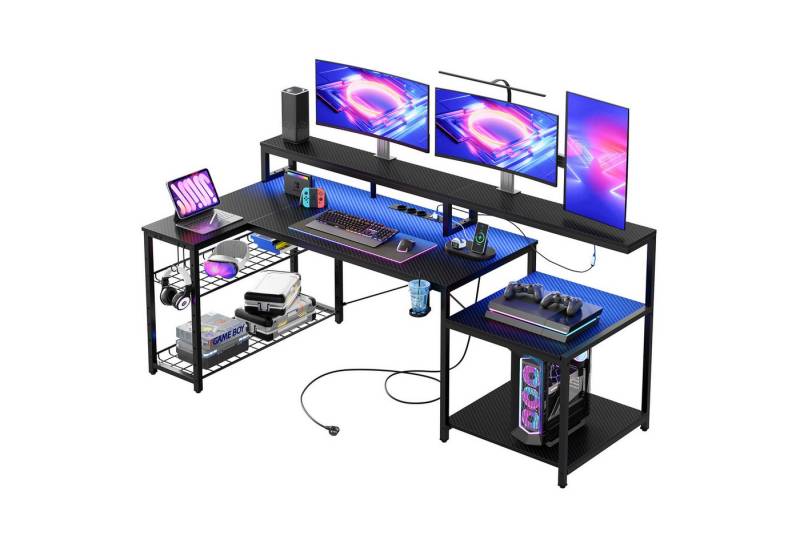 Bestier Gamingtisch 181 x 80 cm Computertisch, L-förmiger Schreibtisch (Gaming Tisch mit 3 AC-Steckdosen und 2 USB-Ladeanschlüssen, Tablett mit Ständer), Extra großer Computertisch mit großzügiger Monitorablage von Bestier