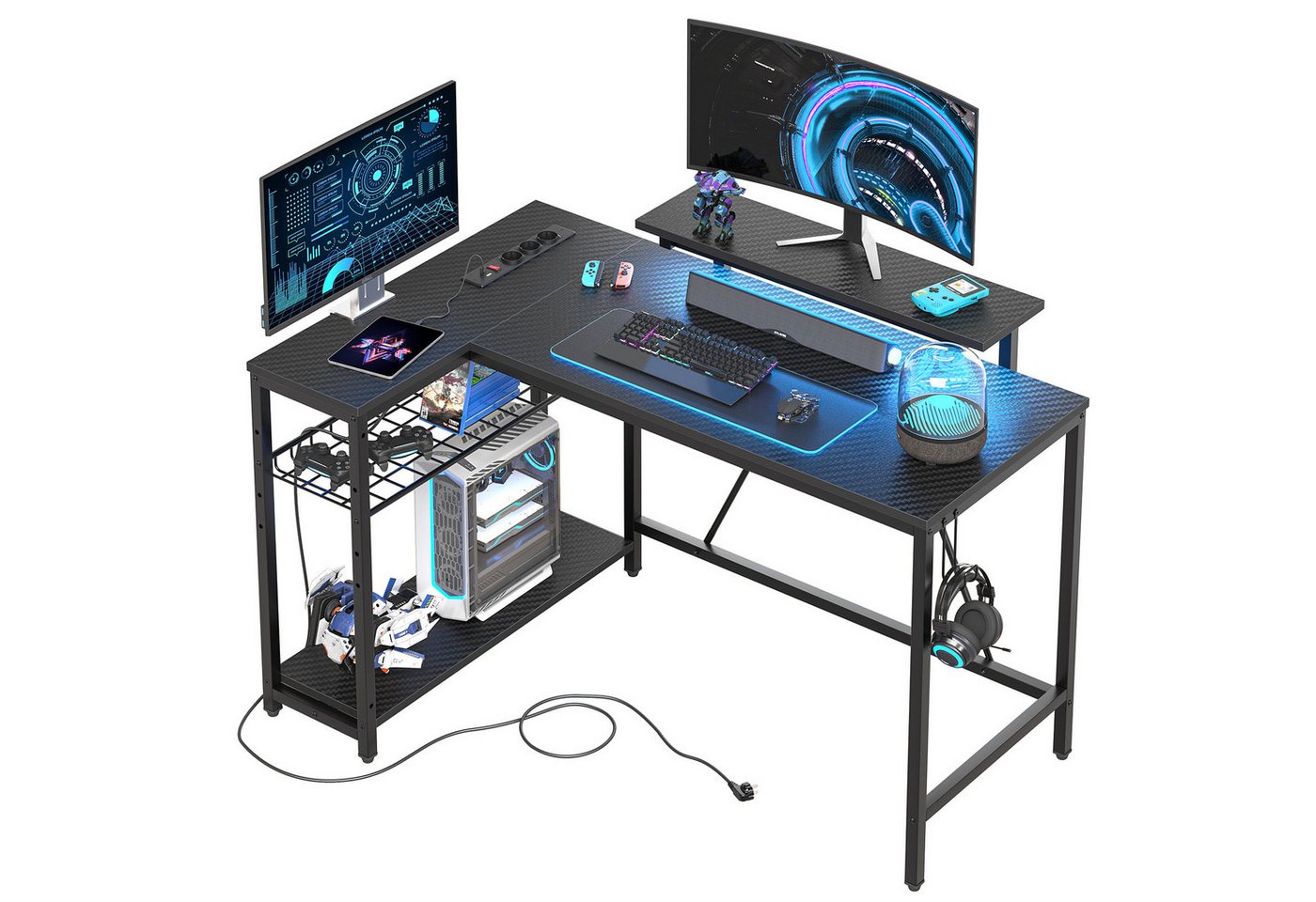 Bestier Gamingtisch L-förmiger Gaming Schreibtisch, 122x82cm Schreibtisch mit Regal (Eckschreibtisch mit USB Ladeanschluss & Steckdose, Tablett mit Ständer), mit Monitorständer Stauraum, Haken & Regal, reversibel von Bestier