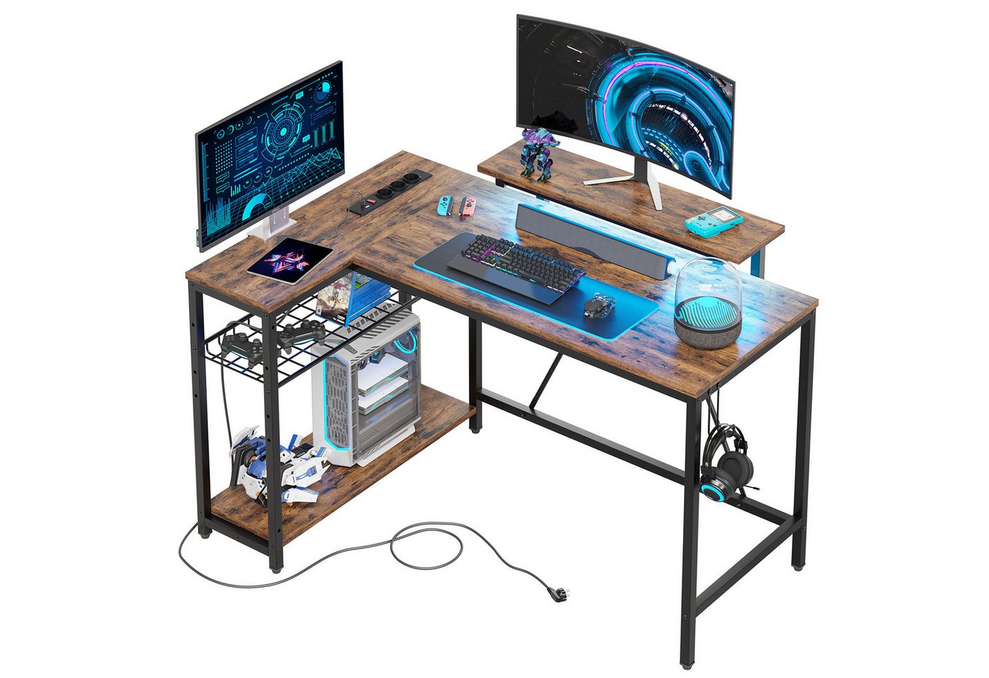 Bestier Gamingtisch L-förmiger Gaming Schreibtisch, 122x82cm Schreibtisch mit Regal (Eckschreibtisch mit USB Ladeanschluss & Steckdose, Tablett mit Ständer), mit Monitorständer Stauraum, Haken & Regal, reversibel von Bestier