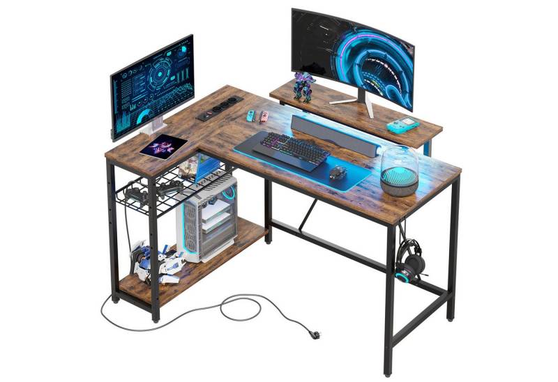 Bestier Gamingtisch L-förmiger Gaming Schreibtisch, 122x82cm Schreibtisch mit Regal (Eckschreibtisch mit USB Ladeanschluss & Steckdose, Tablett mit Ständer), mit Monitorständer Stauraum, Haken & Regal, reversibel von Bestier