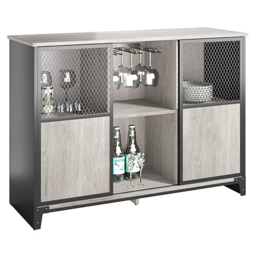 Bestier Industrie Bar-Schrank für Spirituosen und Gläser mit schiebbarer Metallgittertür Küchenbeistelltisch Buffet mit Weinregal und verstellbarem Regal Home Bar Möbel Grau von Bestier