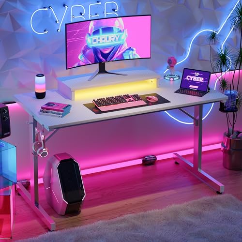 Bestier LED Gaming Schreibtisch 106 cm, PC LED Gamer Tisch mit Monitor Stand, Stabiler Tische mit Kohlefaserbeschichtung, Gaming Computertisch mit Getränkehalter und Kopfhörerhaken, Weiß von Bestier