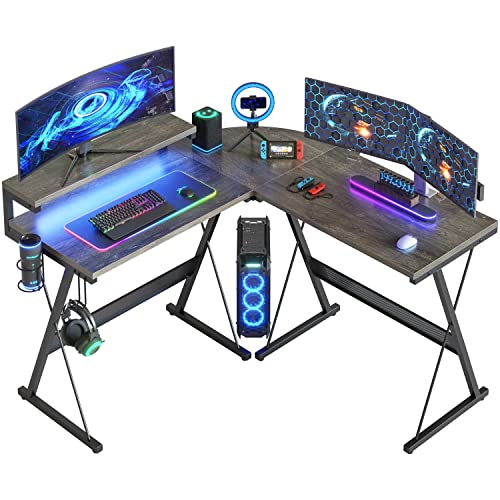 Bestier L-förmiger Gaming-Computertisch mit LED-Leuchten, Monitorständer, 130 cm Eckschreibtisch mit Getränkehalter, Kopfhörerhaken, für Heimbüro, Kleiner Raum von Bestier